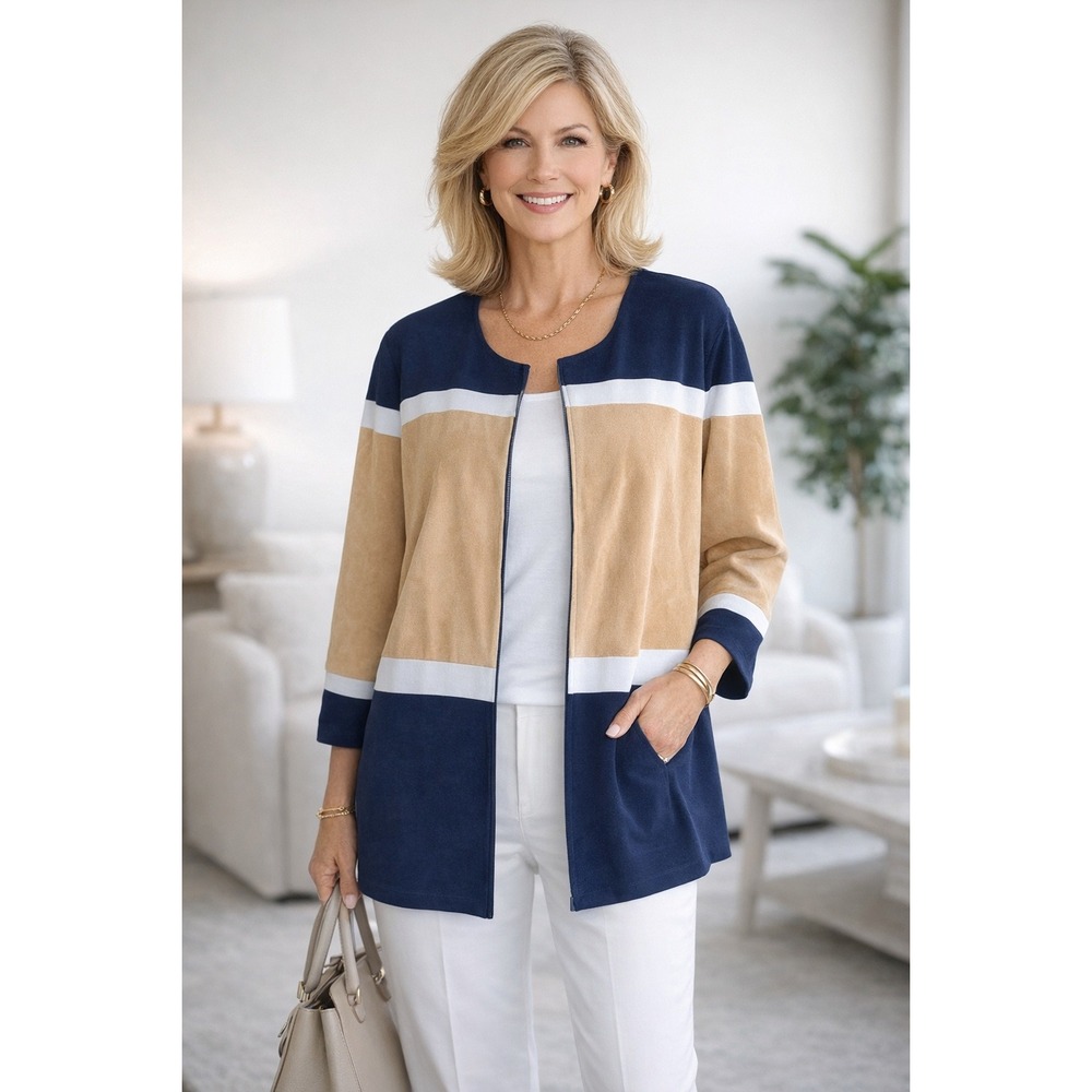 Chicos Travelers Jacket Sz 3 XL Tan Navy Colorblock Suede Feel Open Front